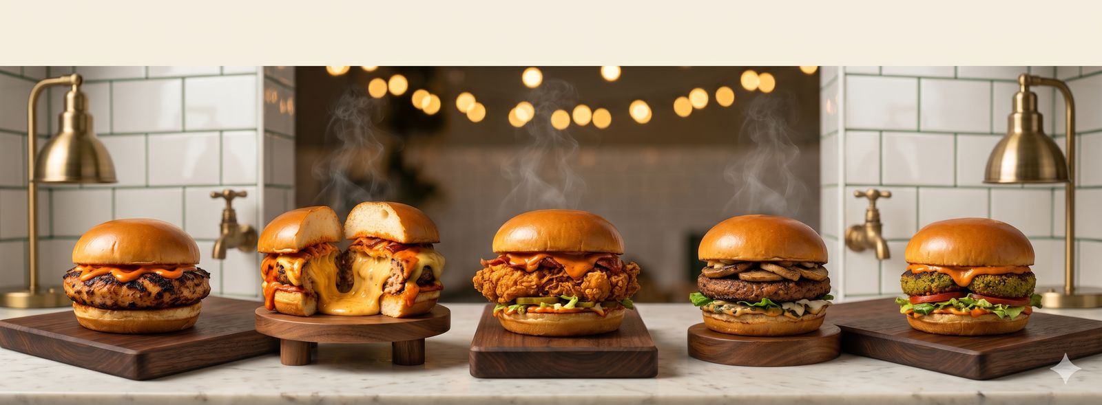 The five fire burgers in a row: Umami, Volcano, Firebird, Magic Shroom and Falafel Smash