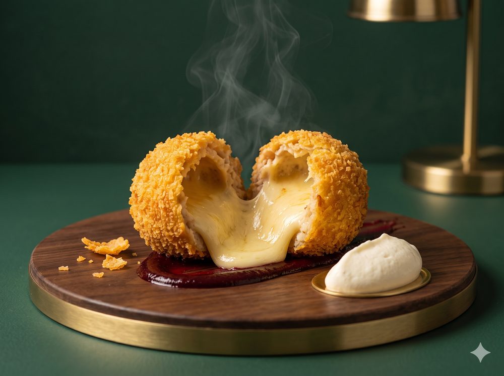 Volcano Bonbon, crisp shell with molten cheese, on a beetroot-balsamic swoosh