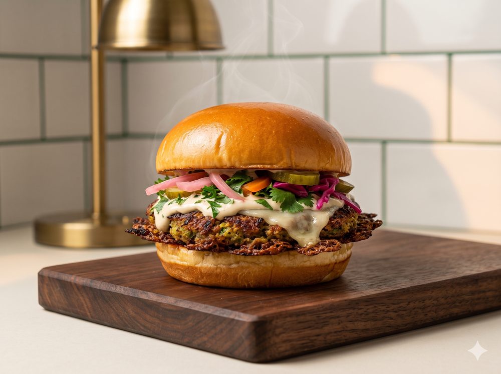 Falafel Smash, vegetarian smashed-falafel burger with tahini, pickles and herbs
