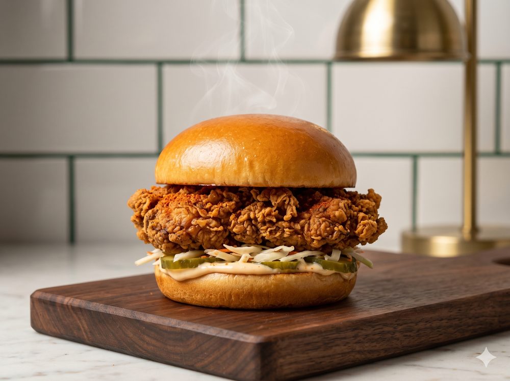 The Firebird, shatter-crispy fire chicken burger with cool slaw and Big Bro sauce