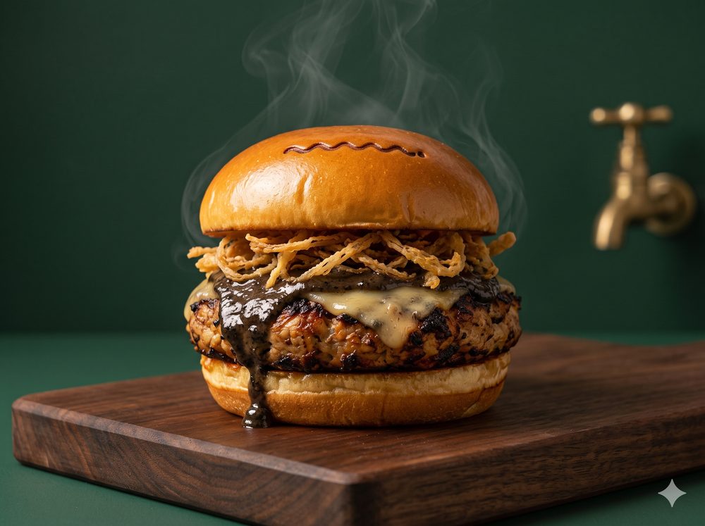 Magic Shroom, vegetarian ShroomBean burger in black truffle sauce