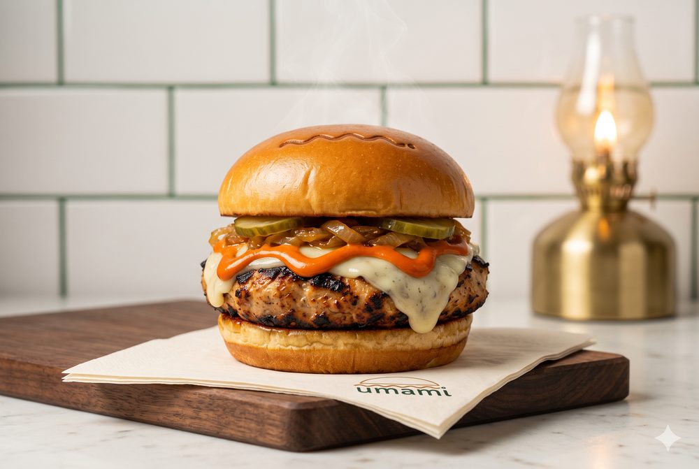 The Umami Burger, fire-grilled thick steak-style chicken patty in a Japanese milk bun