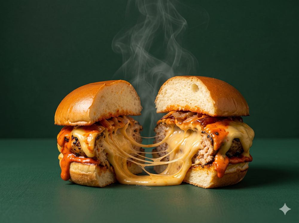 The Volcano Burger with a molten cheese centre that pours when cut open