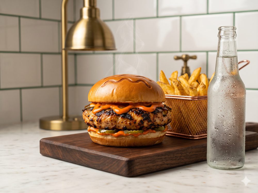 The Noon Fire combo: a fire-grilled burger, Umami Fries and a cooler