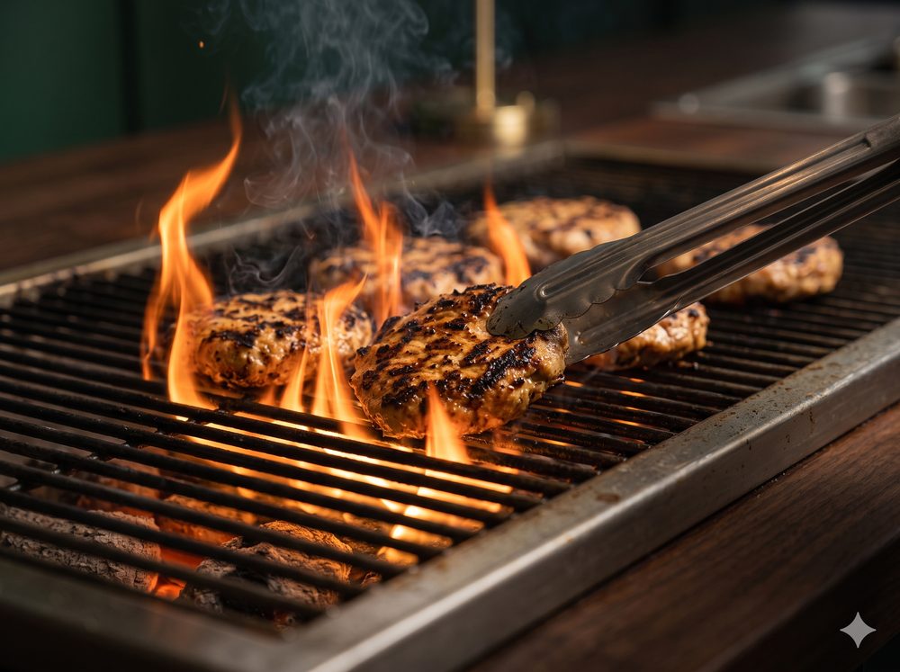 Open flame at the umami counter, the last loud minute of the cook