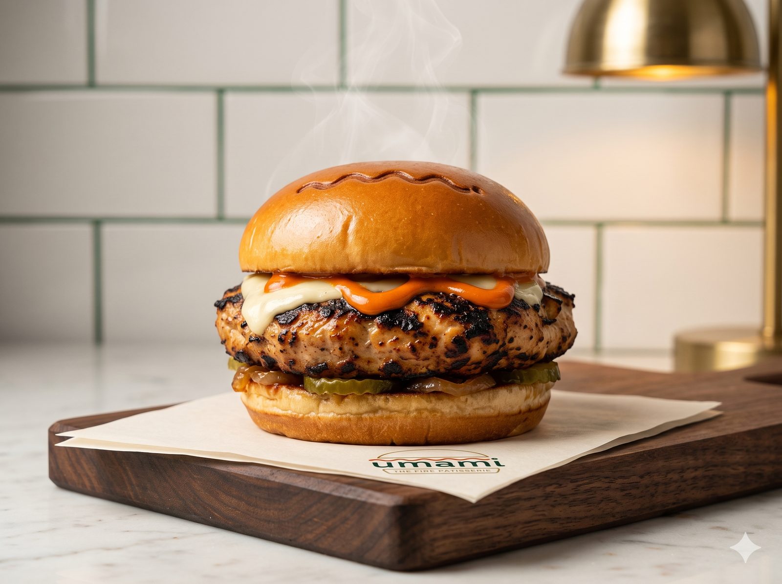 Fire-grilled, thick steak-style umami burger in a Japanese milk bun